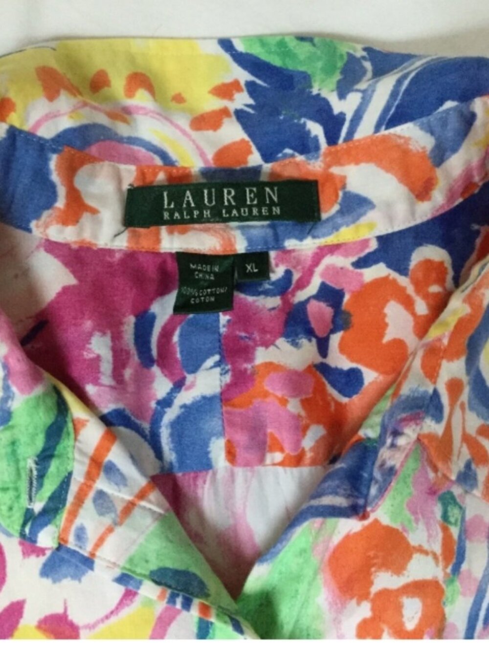 Lauren Ralph Lauren Women XL Floral Shirt Blouse Top Cotton Green Blue Orange - Picture 8 of 8